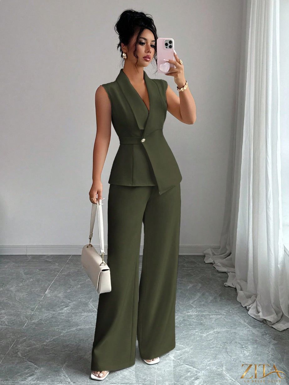 Zita La Belle Elite women's sleeveless peplum blazer and wide-leg pants two-piece set, shown in a stylish, tailored fit.