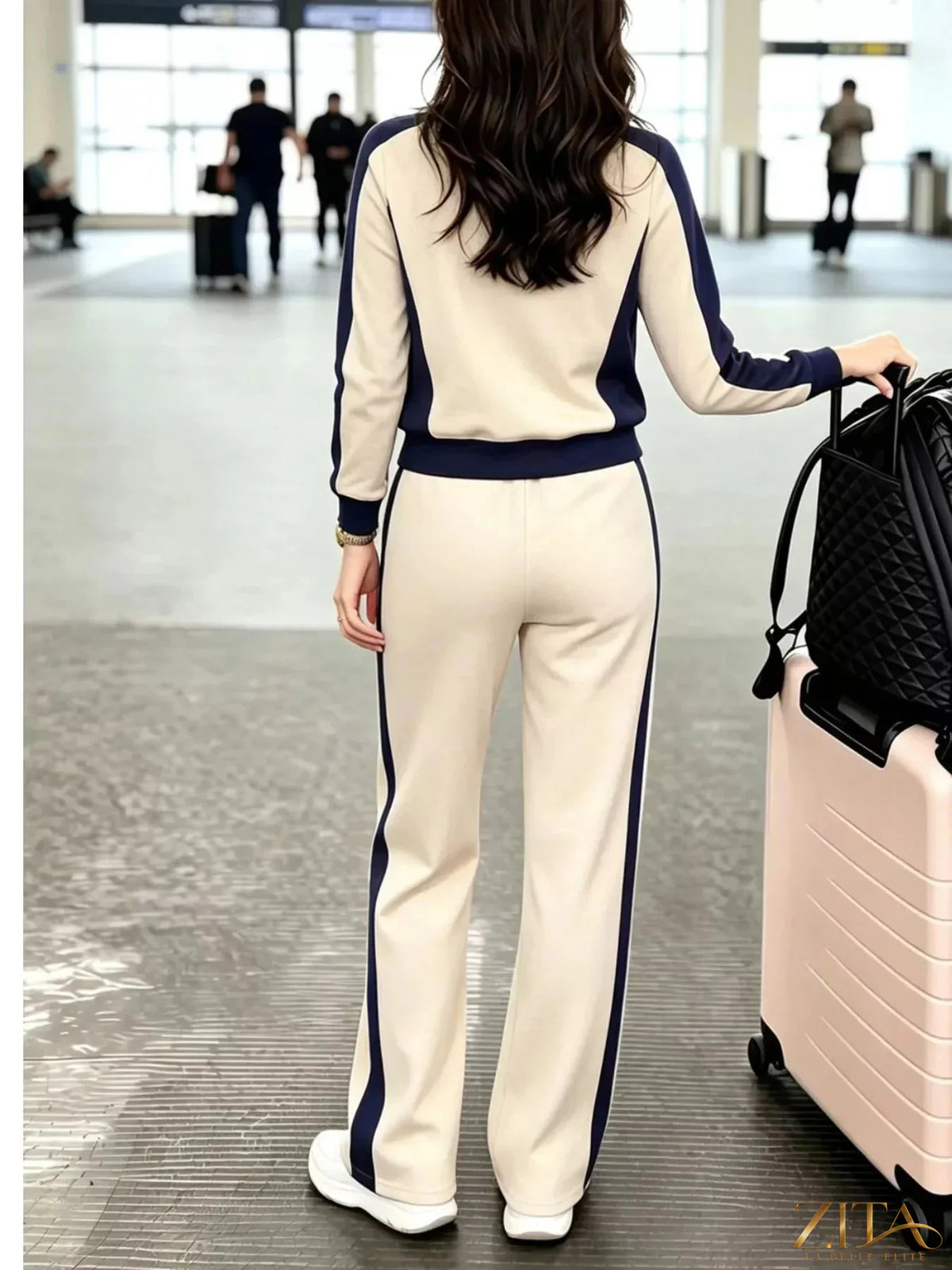Zita La Belle Elite contrast side stripes top and pants set, stylish casual outfit with black and white striped details.