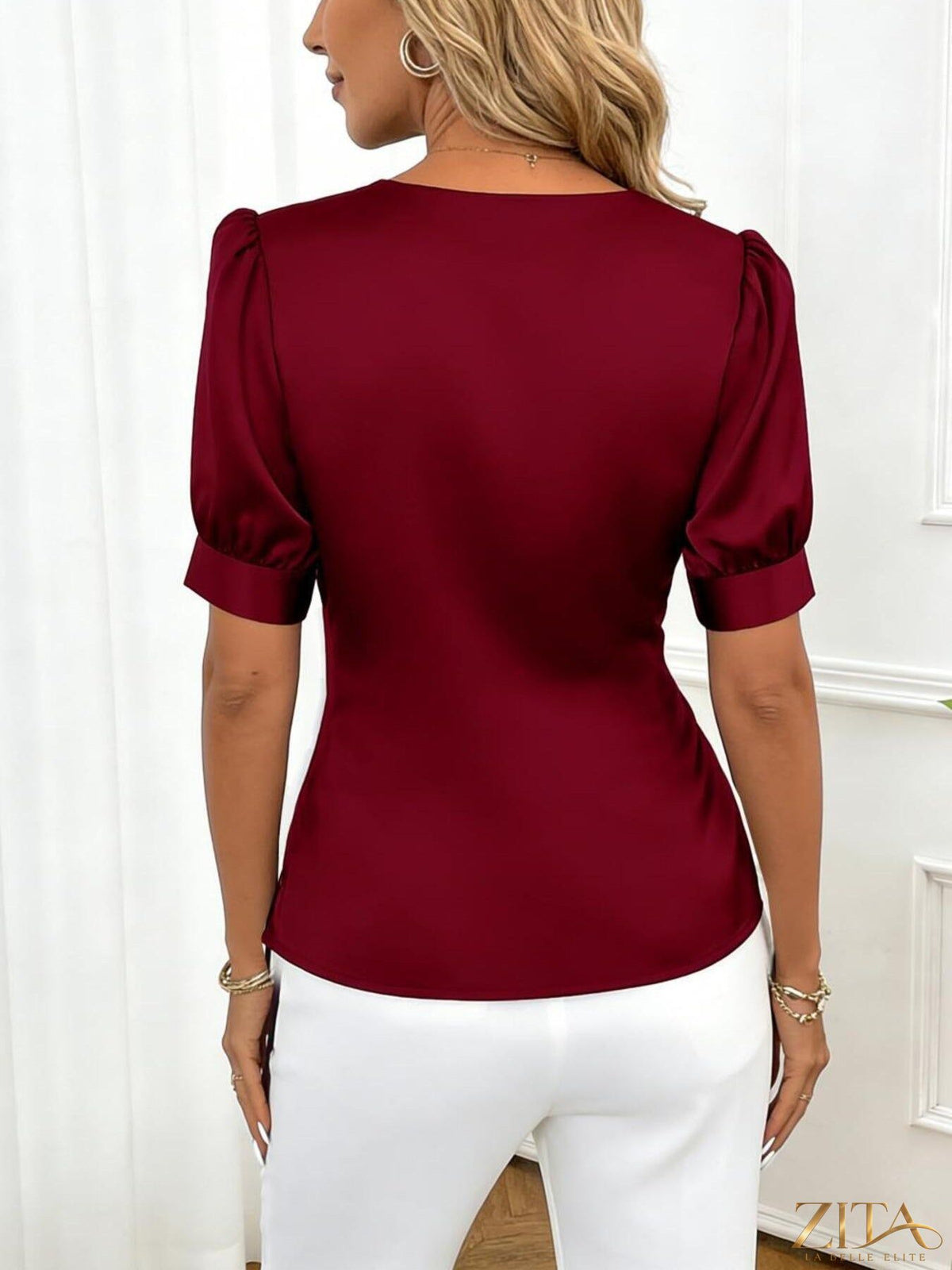 Zita La Belle Elite satin V-neck wrap blouse in soft fabric, shown with draped front and long sleeves.