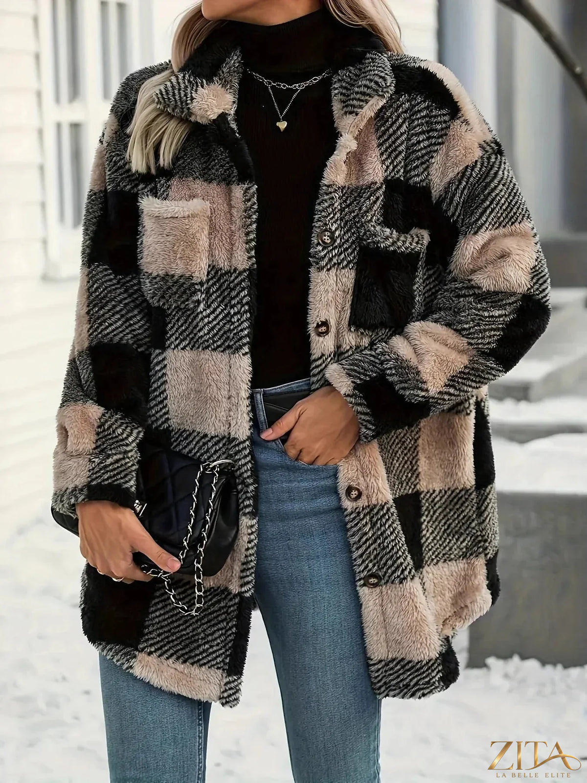 Zita La Belle Elite plaid teddy coat with button-down front, collared neck, and pockets, perfect for cozy winter wear
