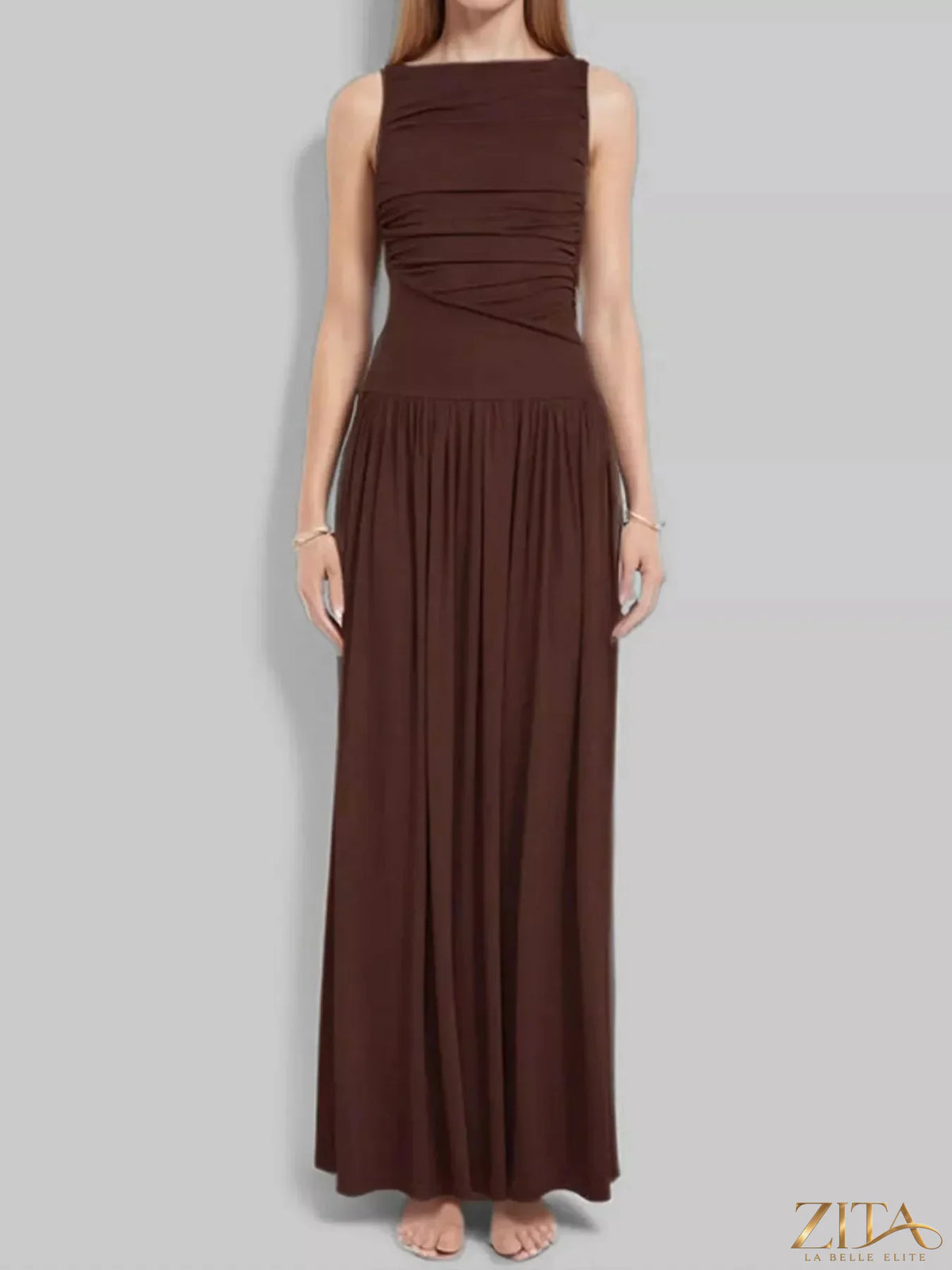 Zita La Belle Elite ruched sleeveless maxi dress in flowing fabric, featuring a fitted bodice and long length for elegant style.