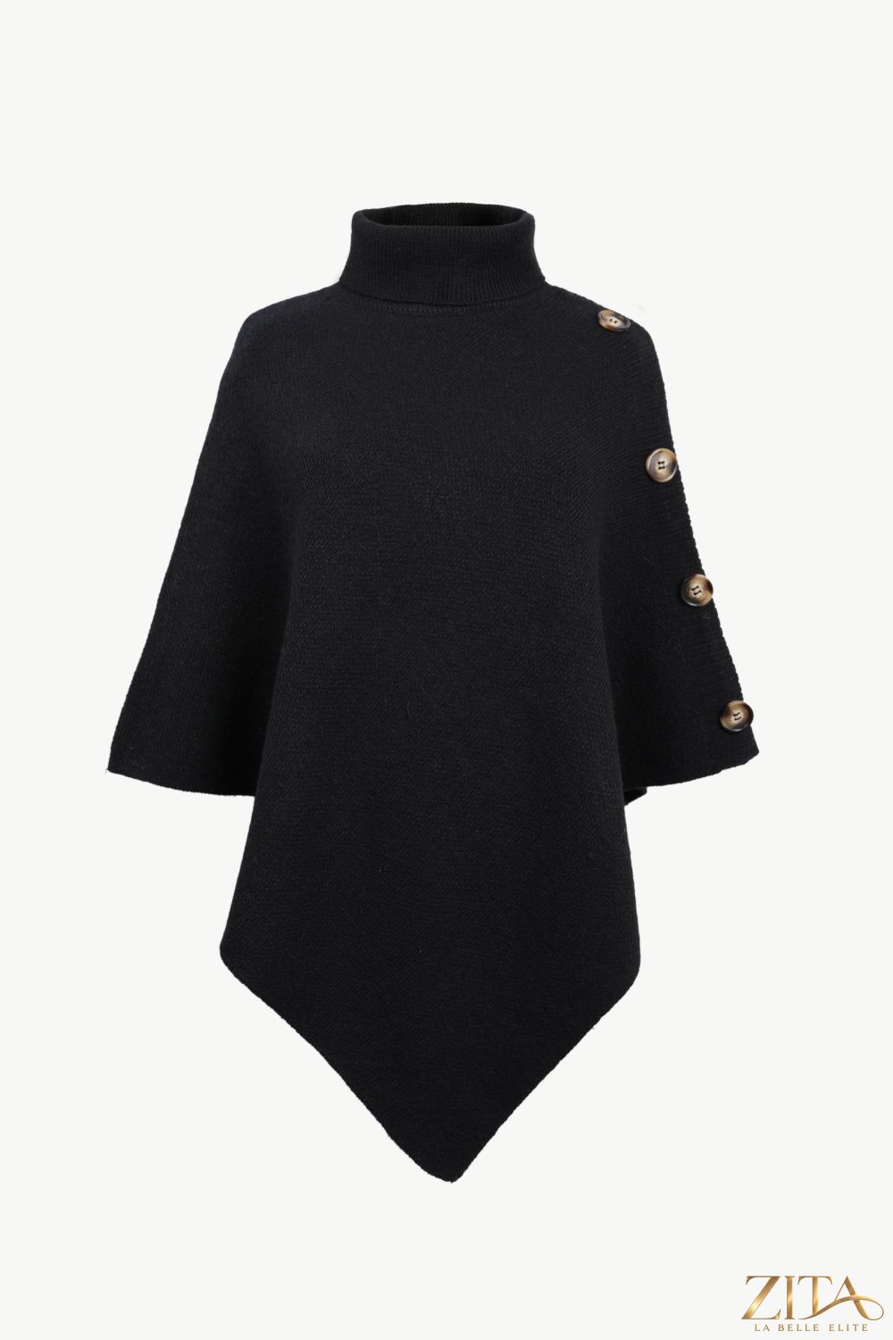 Zita La Belle Elite turtleneck buttoned poncho in cozy knit fabric, featuring a high collar and button details.