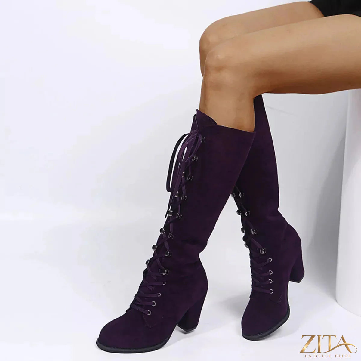 Zita La Belle Elite lace-up block heel boots with chunky heels and stylish design, shown in a sleek black leather finish.