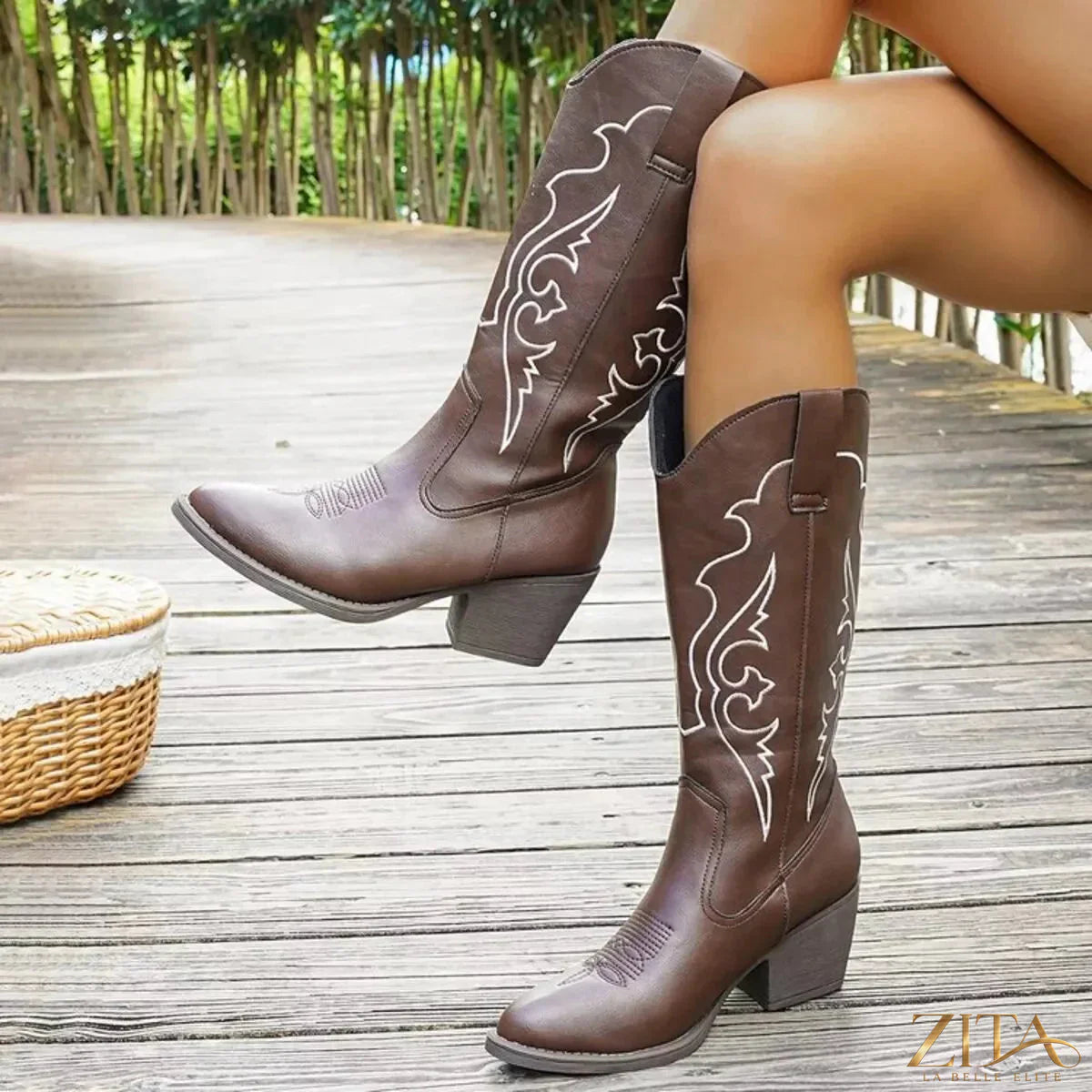Western embroidered mid-calf boots by Zita La Belle Elite featuring intricate embroidery and a classic western style.