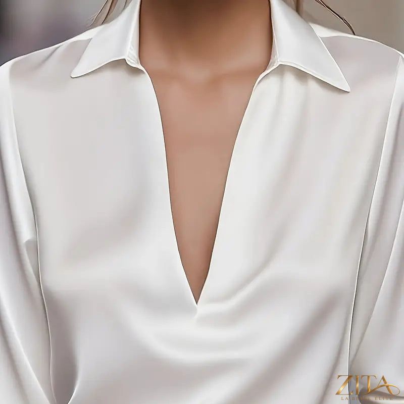Zita La Belle Elite V-neck long sleeve satin blouse in a casualwear style, shown in a soft, shiny fabric with a relaxed fit.