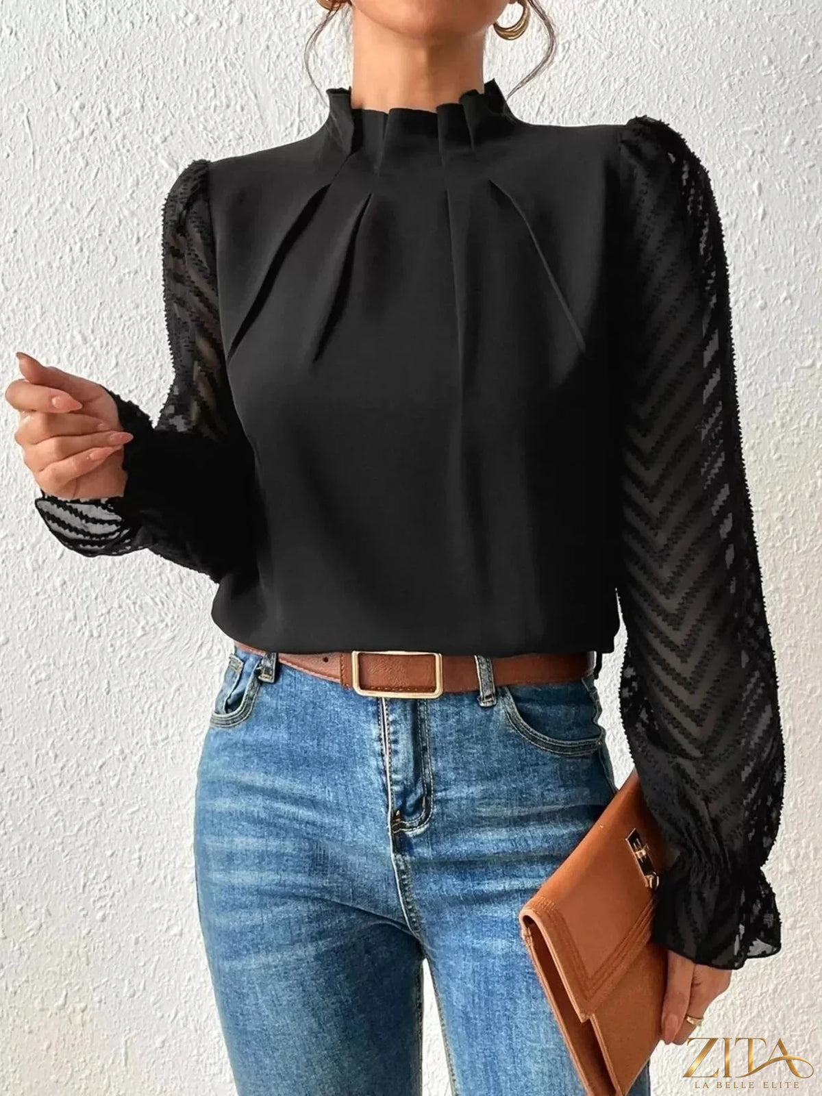 Zita La Belle Elite mock neck blouse with sheer lace sleeves and elegant design, perfect for stylish, feminine outfits.