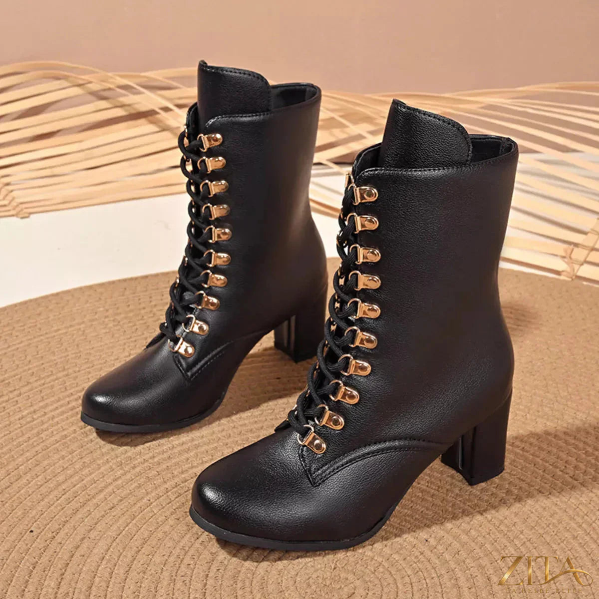 Zita La Belle Elite lace-up boots with block heel, black leather footwear featuring stylish lacing and chunky heel design.