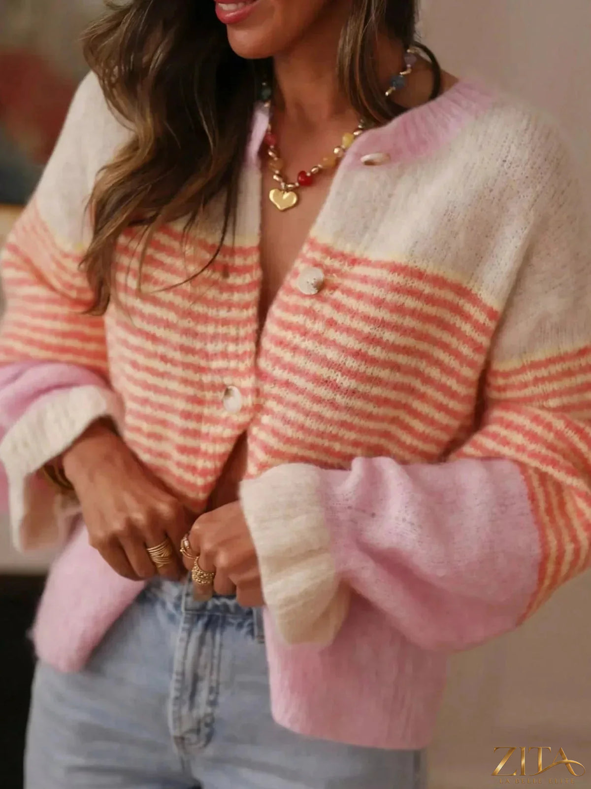 Zita La Belle Elite striped color-block button-down cardigan with bold horizontal stripes and button closure.