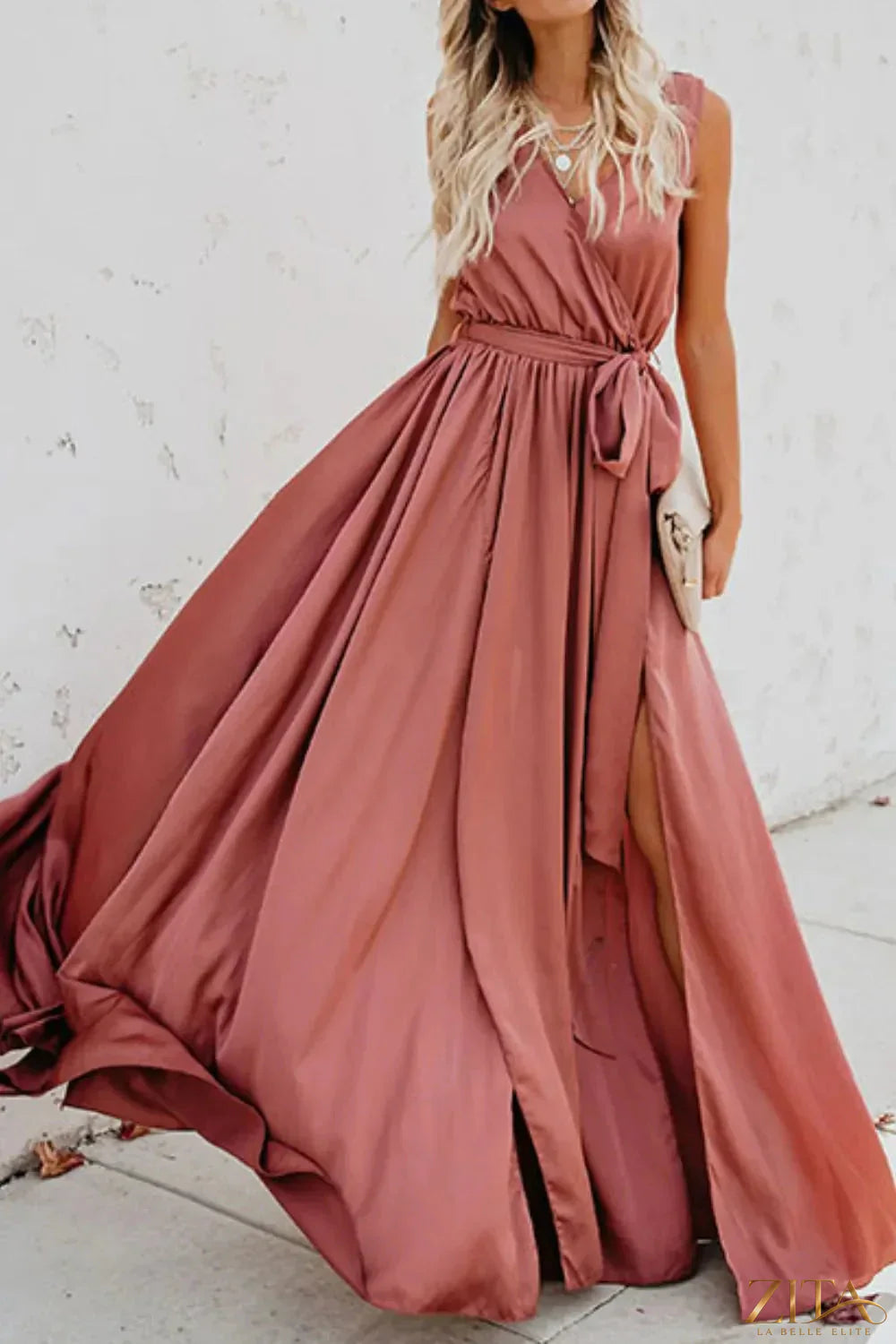 Zita La Belle Elite surplice tie waist maxi dress in flowing fabric, featuring a V-neck and elegant silhouette.