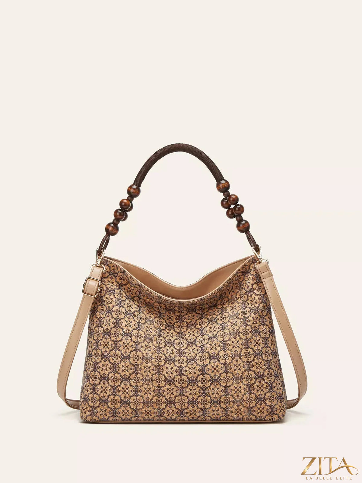 Zita La Belle Elite bohemian hobo handbag with geometric pattern, leather strap, and spacious interior for stylish everyday use.