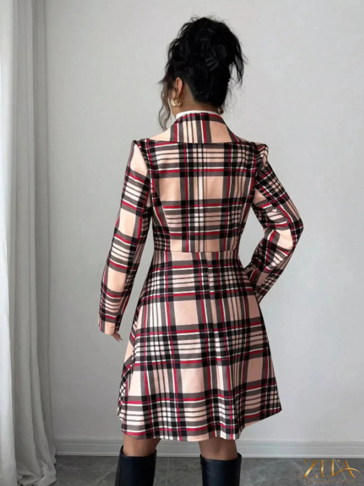 Zita La Belle Elite plaid button-up long sleeve coat hanging on a wooden hanger, featuring a classic pattern and tailored fit.