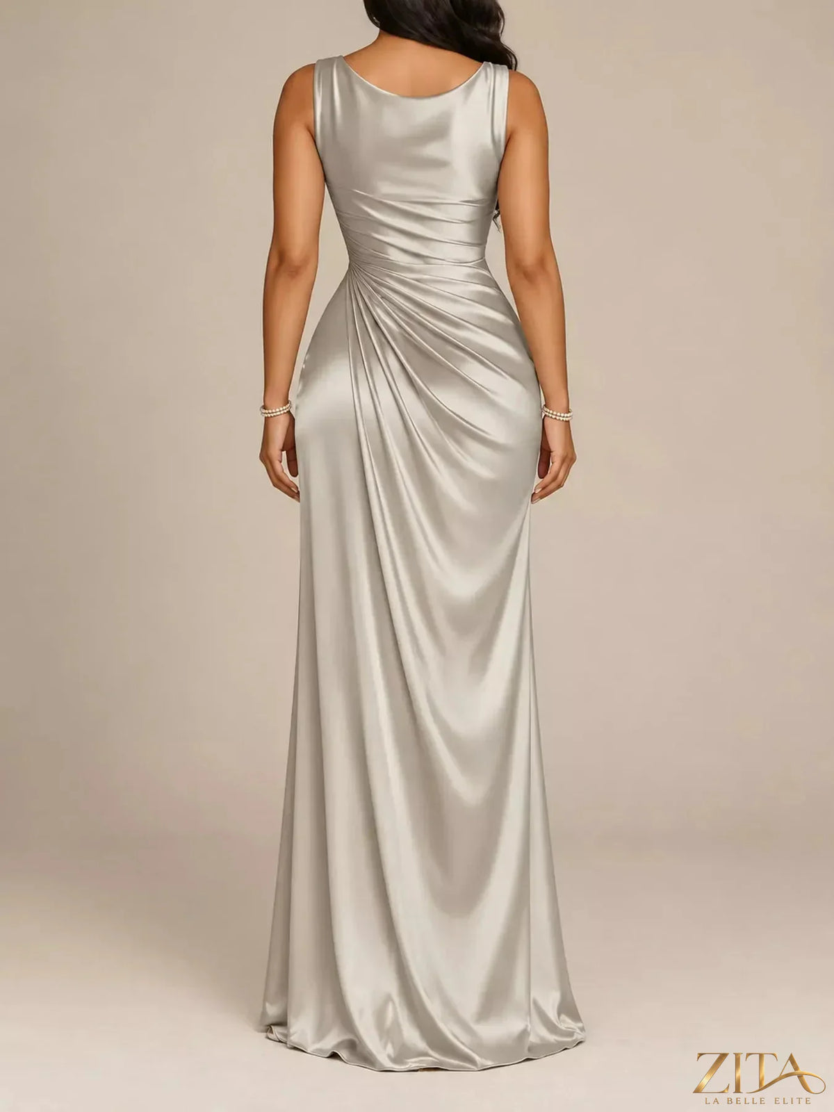 Plus size satin evening maxi dress with cowl neck and high slit by Zita La Belle Elite, shown in elegant full-length view.