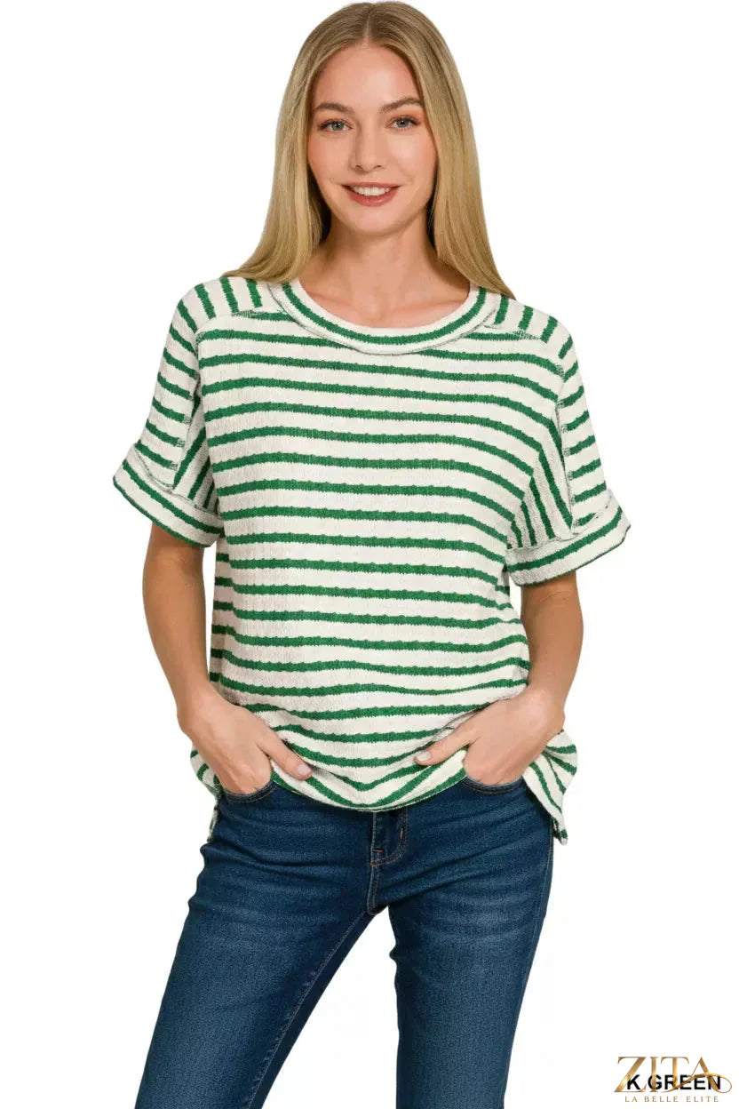 Zenana striped jacquard round-neck tee with short sleeves, featuring a stylish pattern and comfortable fit.