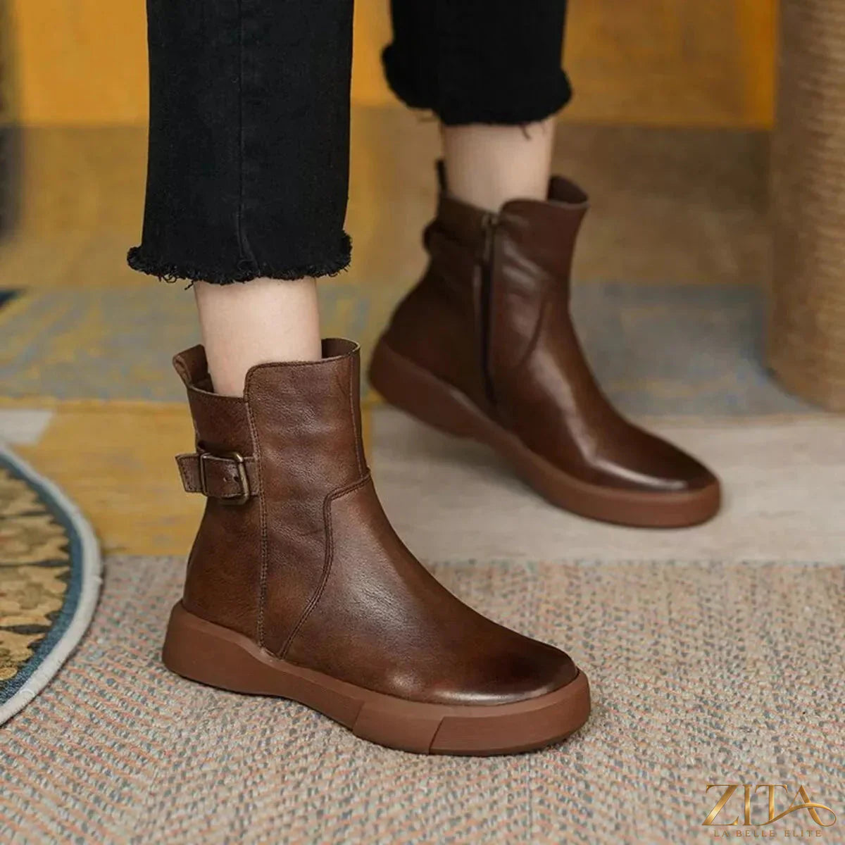 Zita La Belle Elite round toe platform boots with chunky heels and sleek black leather finish.