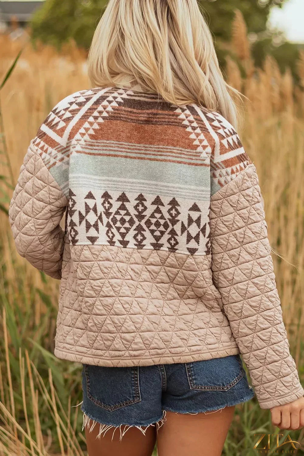 Aztec quilted patchwork western jacket by Zita La Belle Elite featuring colorful patterns and a tailored fit.