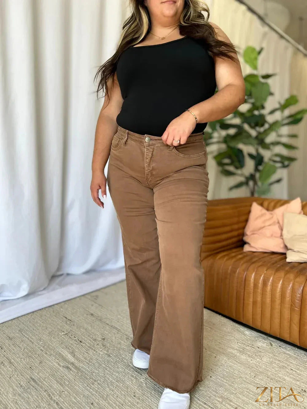 Zita La Belle Elite RFM full-size high-rise wide-leg jeans with garment dye in a natural denim finish