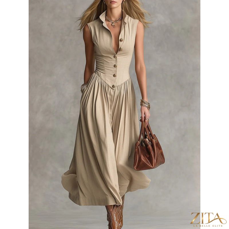 Women's sleeveless lapel collar maxi dress by Zita La Belle Elite, featuring slim fit and patchwork design, casualwear style.