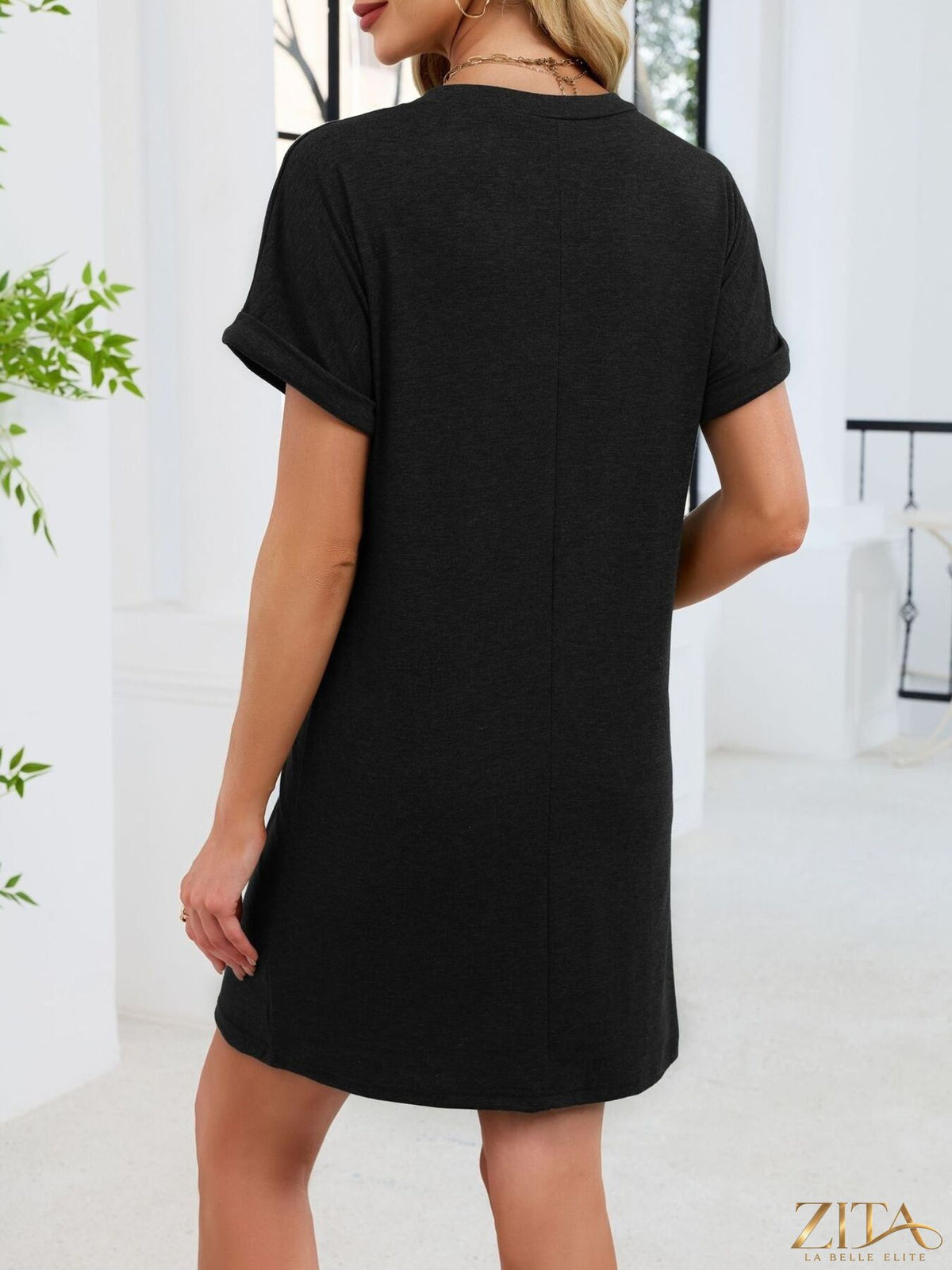Zita La Belle Elite casual V-neck short sleeve T-shirt dress in soft fabric, displayed flat on a white background.