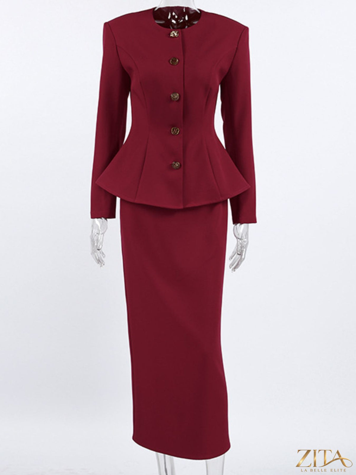Zita La Belle Elite button-up peplum blazer and matching skirt set, featuring tailored fit and classic design.