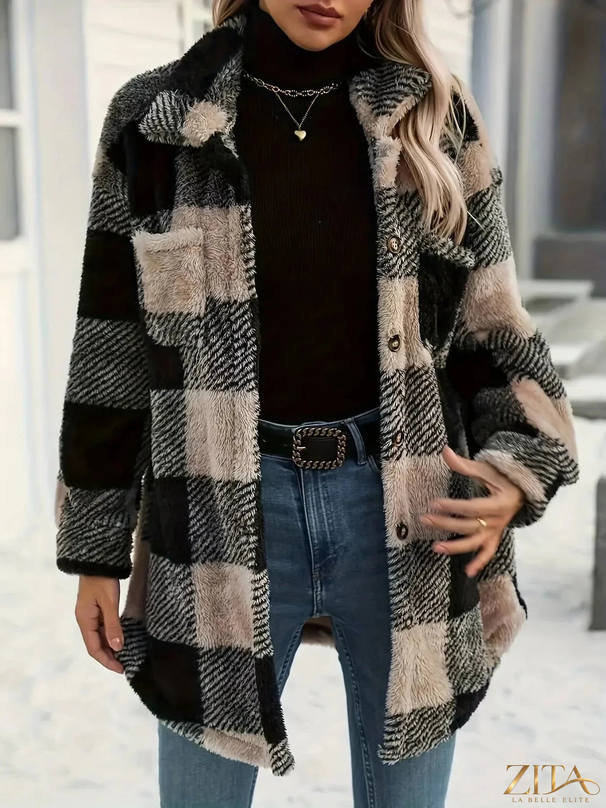 Zita La Belle Elite plaid teddy coat with button-down front, collared neck, and pockets, featuring a stylish, warm design.