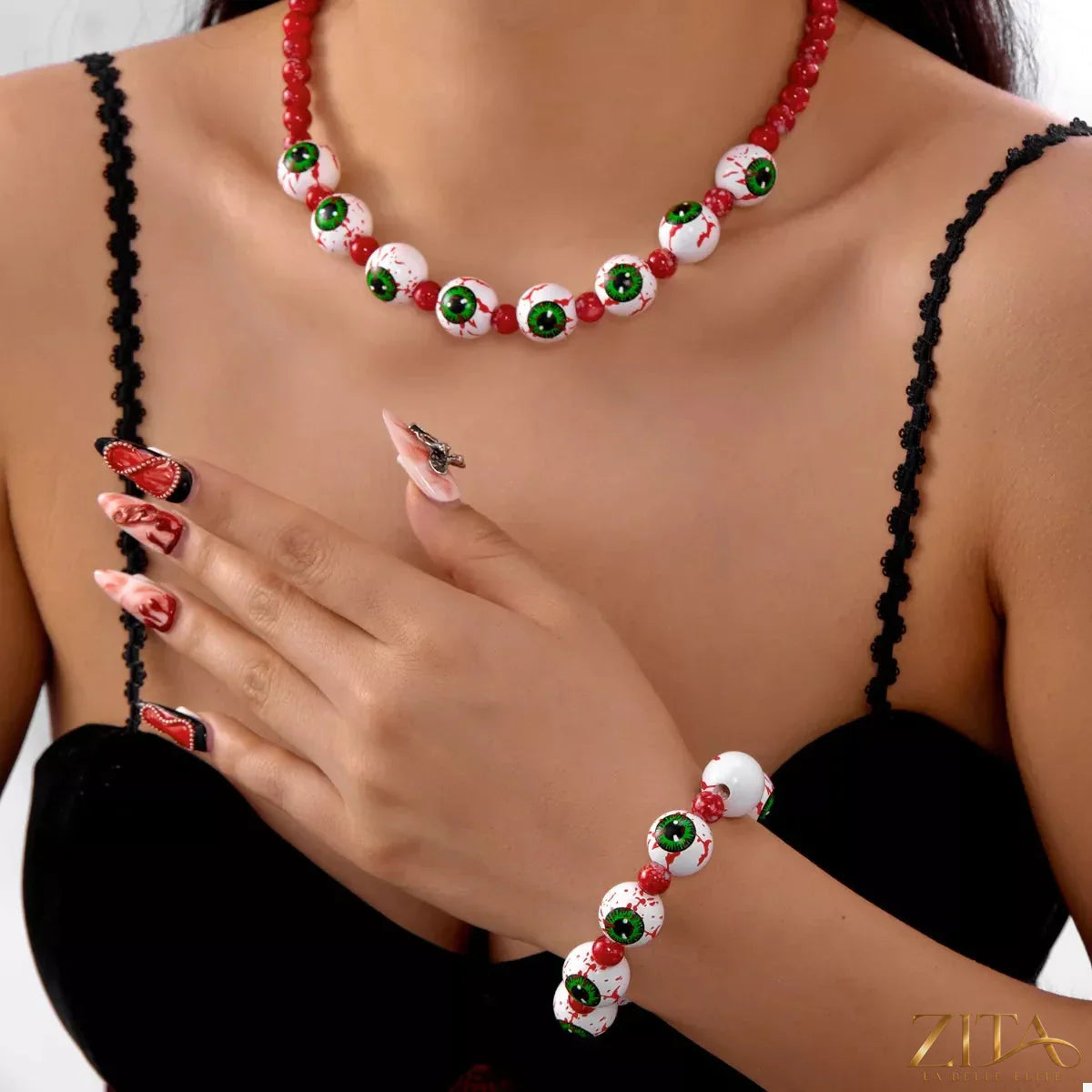 Halloween beaded necklace and bracelet jewelry set featuring festive orange and black beads, perfect for Halloween costumes and parties.