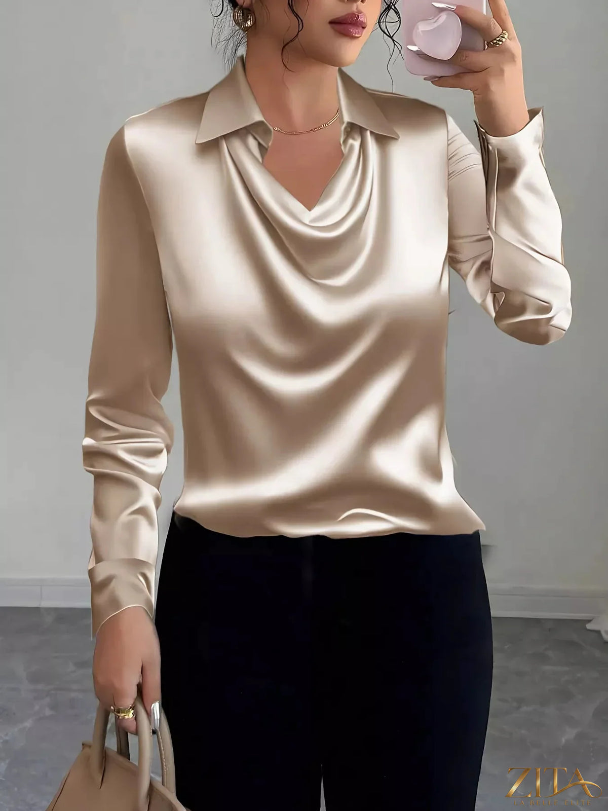 Zita La Belle Elite satin long sleeve blouse with a collared neck, featuring a smooth, shiny fabric and elegant design.
