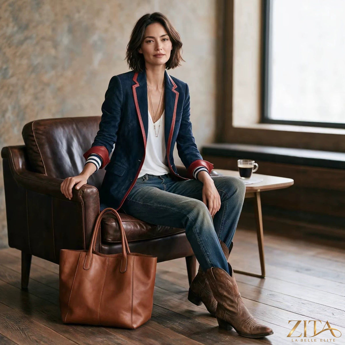 Zita La Belle Elite suede color-block blazer with contrast trim, featuring a tailored fit and stylish design, shown on a model.