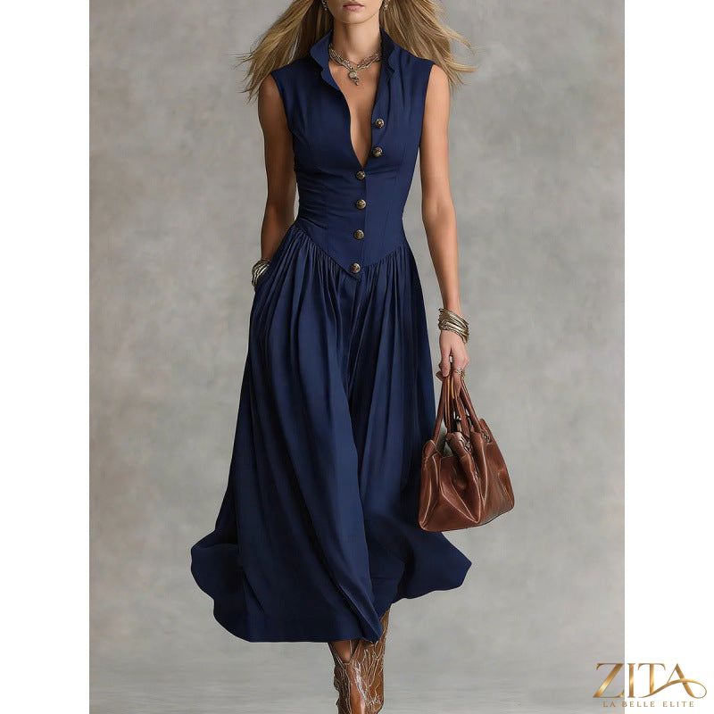 Women's sleeveless lapel collar maxi dress by Zita La Belle Elite, featuring a slim fit and patchwork design, casualwear style.