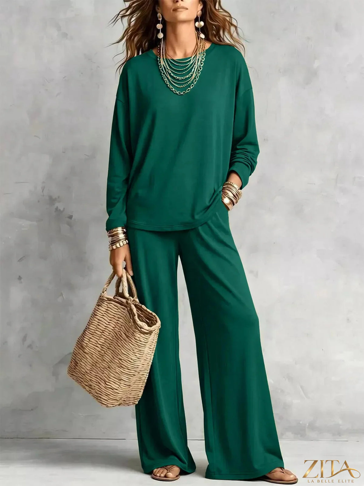 Zita La Belle Elite round neck T-shirt and wide-leg pants set in neutral colors displayed on a model.