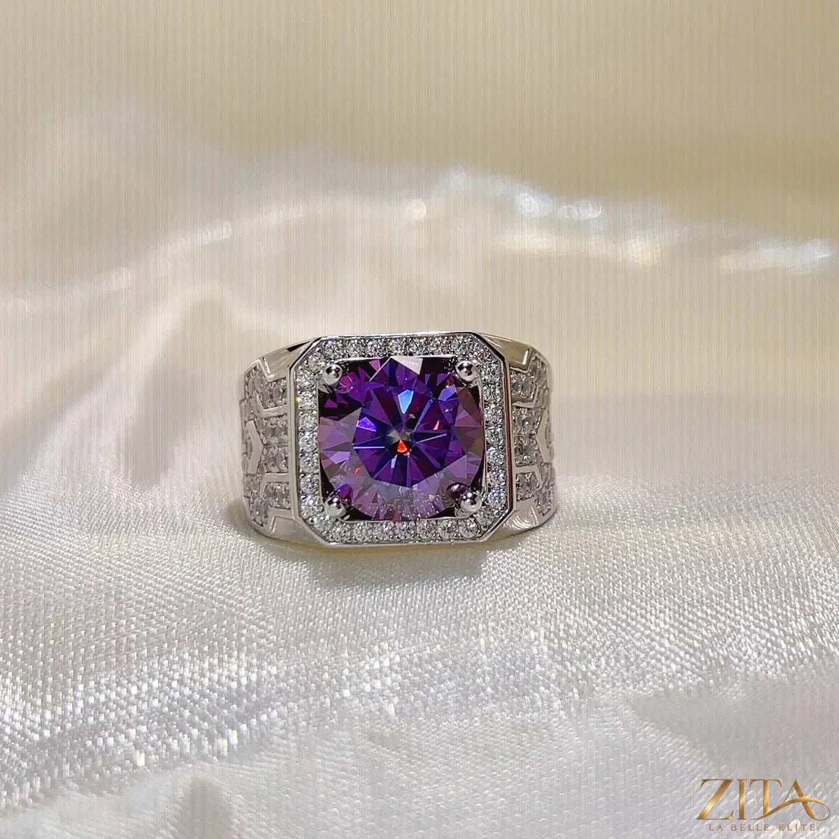 Sterling silver moissanite ring with a 5-carat gemstone, featuring a sleek band and intricate design, perfect for elegant jewelry.