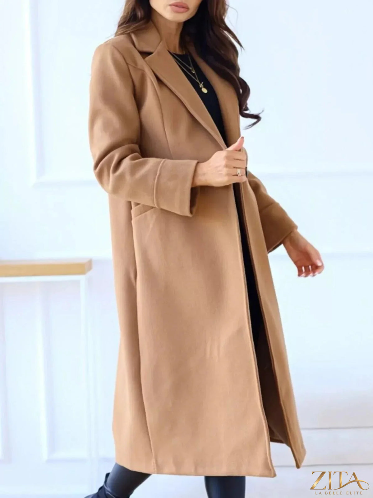 Zita La Belle Elite wool blend overcoat with lapel collar, tailored fit, in classic neutral color, suitable for stylish winter wear.