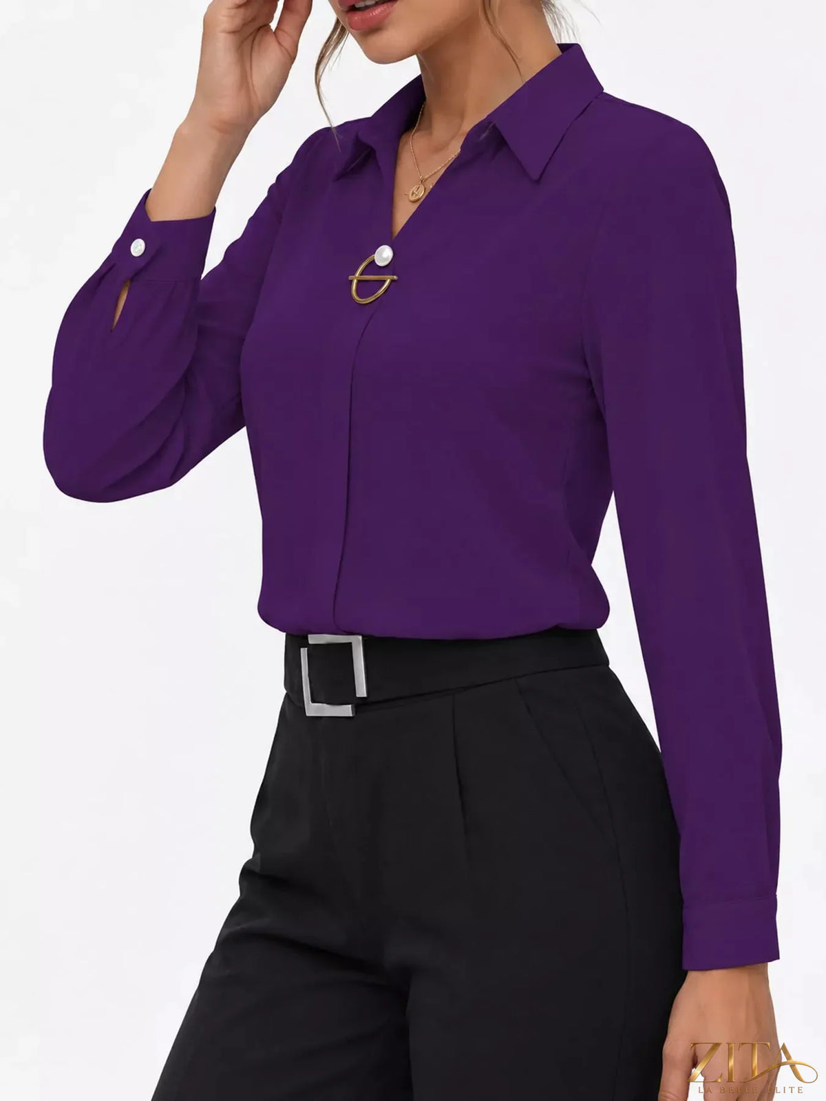 Zita La Belle Elite long sleeve satin blouse in elegant fabric, featuring a smooth, glossy finish and classic design.
