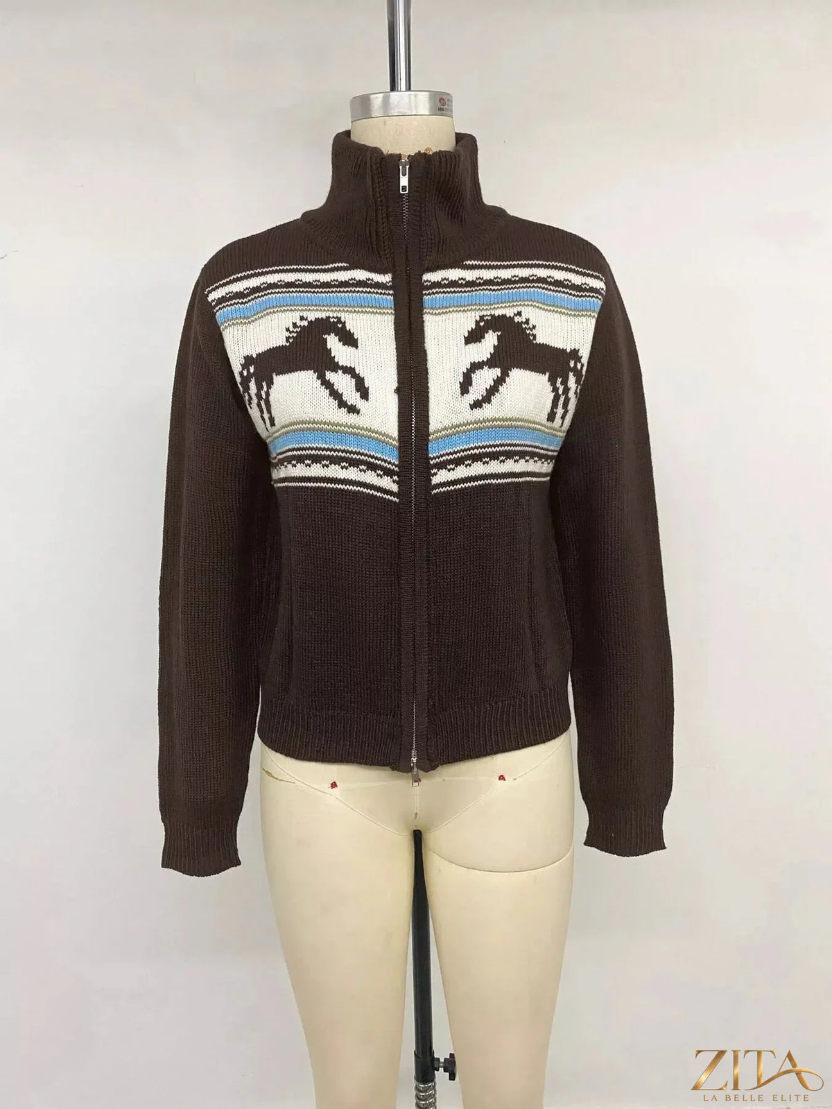 Zita La Belle Elite horse zip-up mock neck cardigan, beige knit with front zipper and fitted style, close-up view.