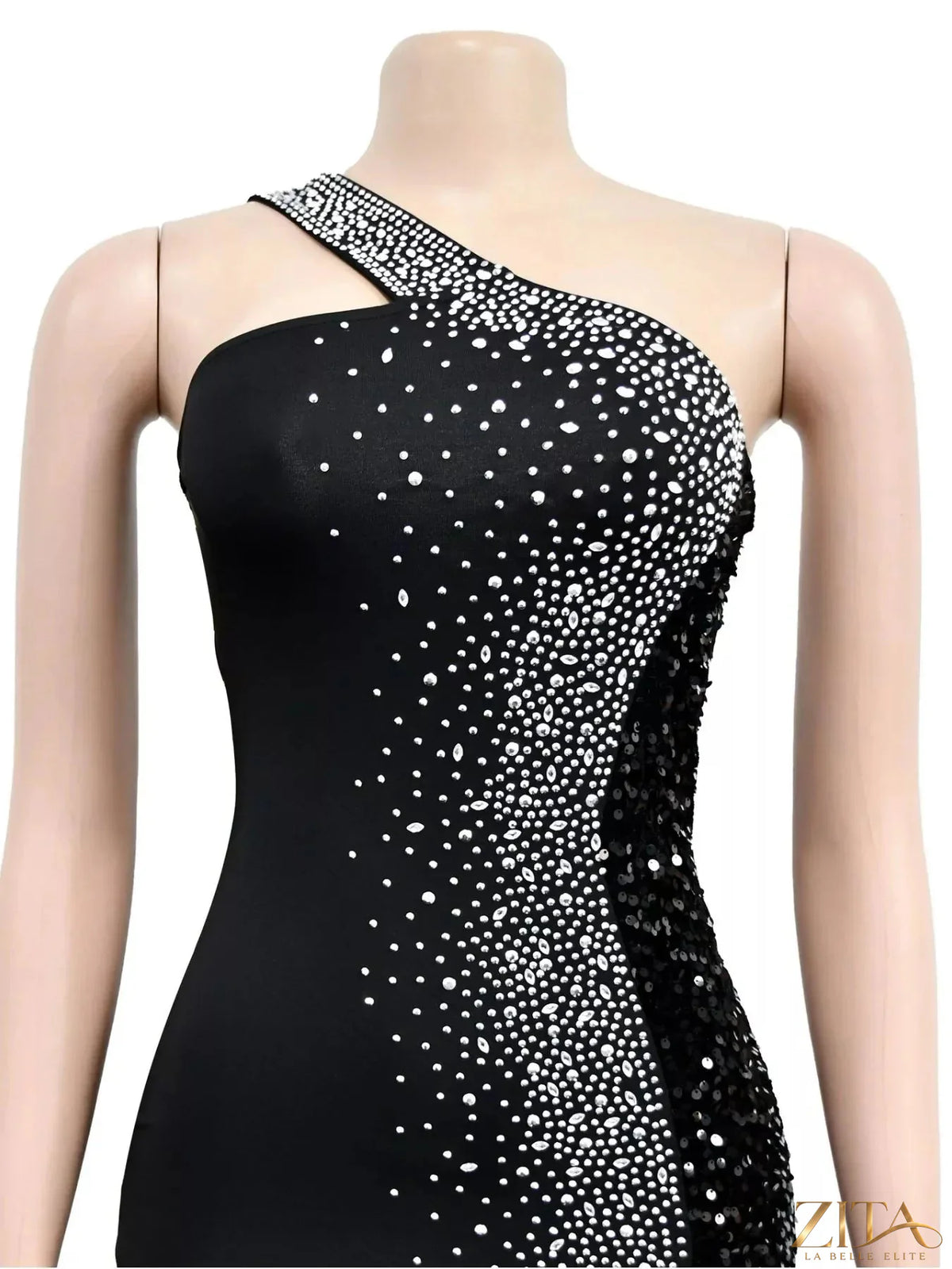 Zita La Belle Elite rhinestone one-shoulder high-slit maxi dress with elegant design and shimmering details.