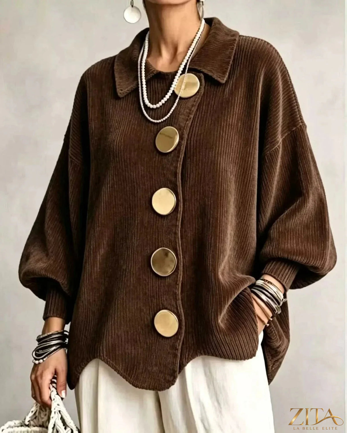 Plus size ribbed knit cardigan with gold buttons from Zita La Belle Elite, featuring a full-size fit and cozy textured fabric.