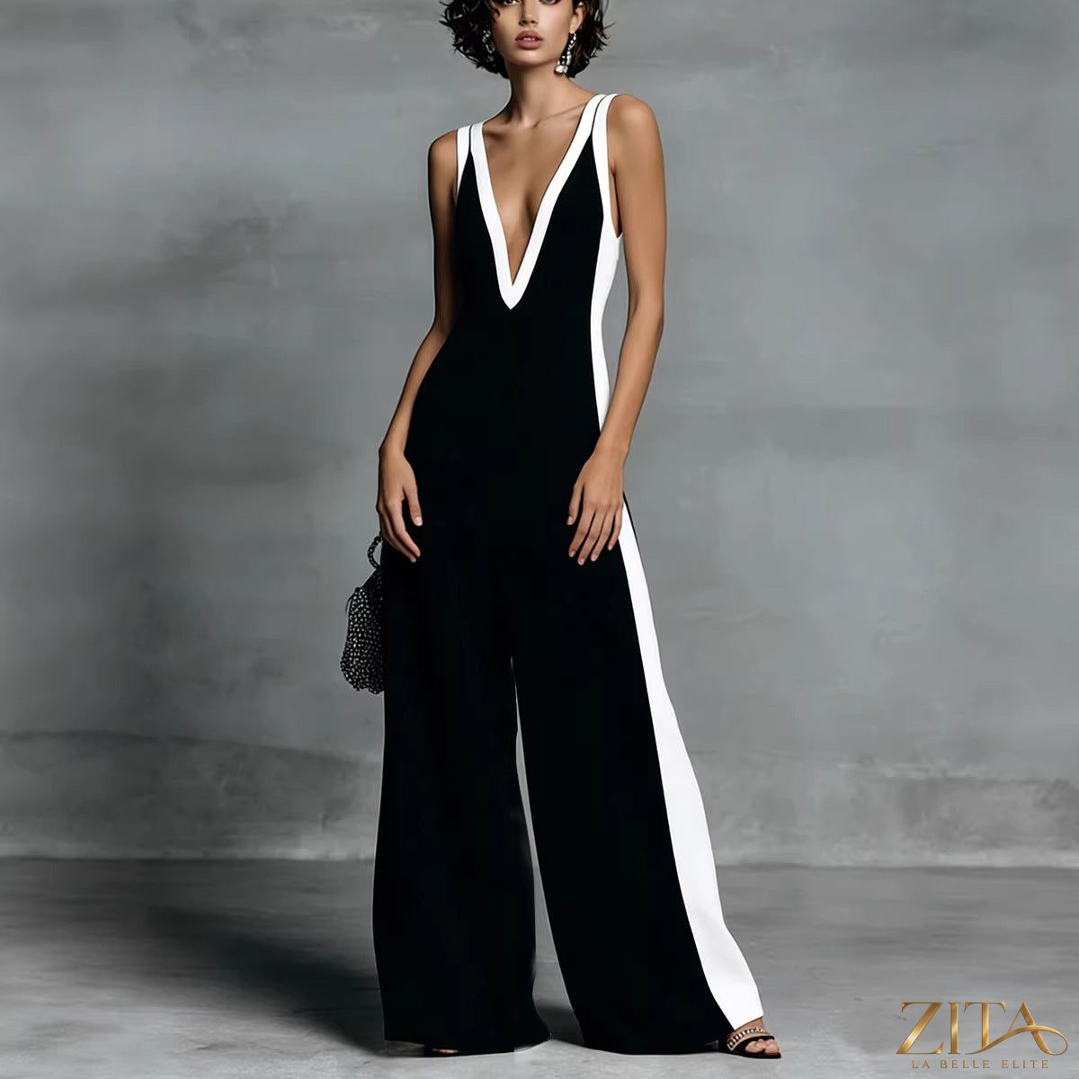Color-block sleeveless V-neck wide-leg jumpsuit by Zita La Belle Elite, casualwear with vibrant color panels and flowing wide-leg design.