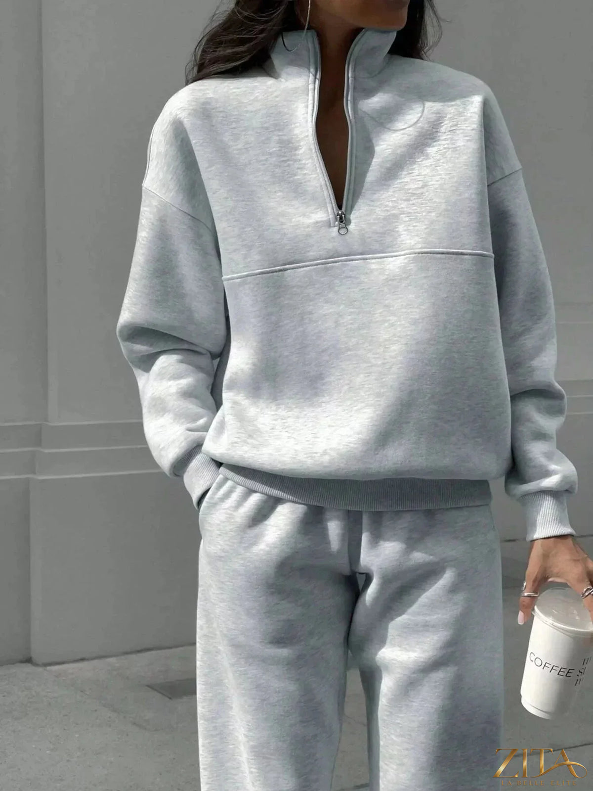 Zita La Belle Elite half zip sweatshirt and matching pants set, casual loungewear with a comfortable fit and modern style.