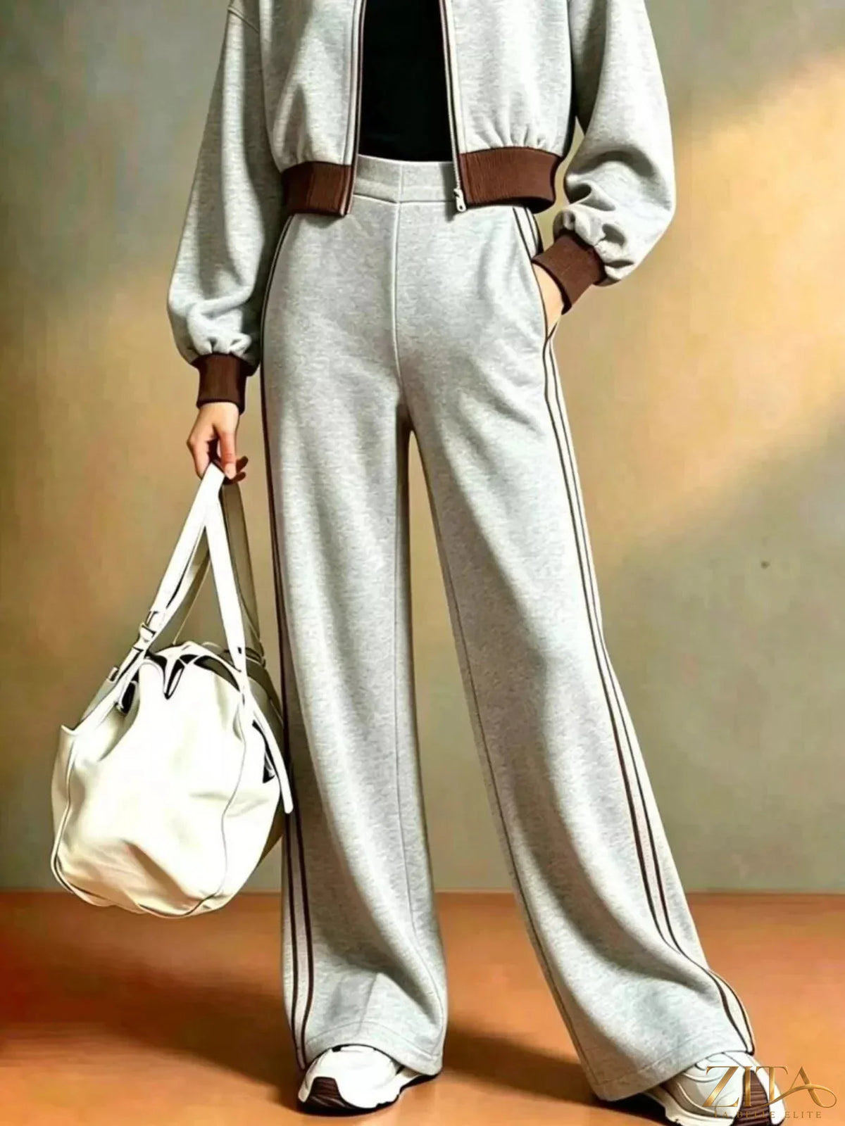 Zita La Belle Elite contrast ribbed jacket and wide-leg pants tracksuit set, featuring stylish ribbed fabric and relaxed fit.