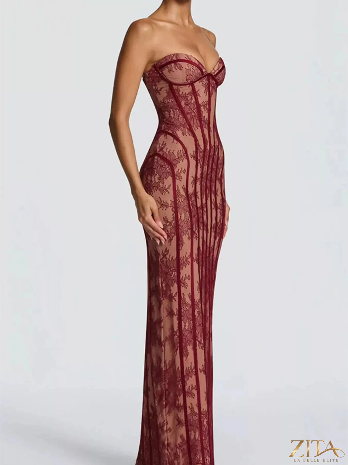 Zita La Belle Elite lace-up back strapless maxi dress with flowing fabric and elegant design, perfect for formal occasions.