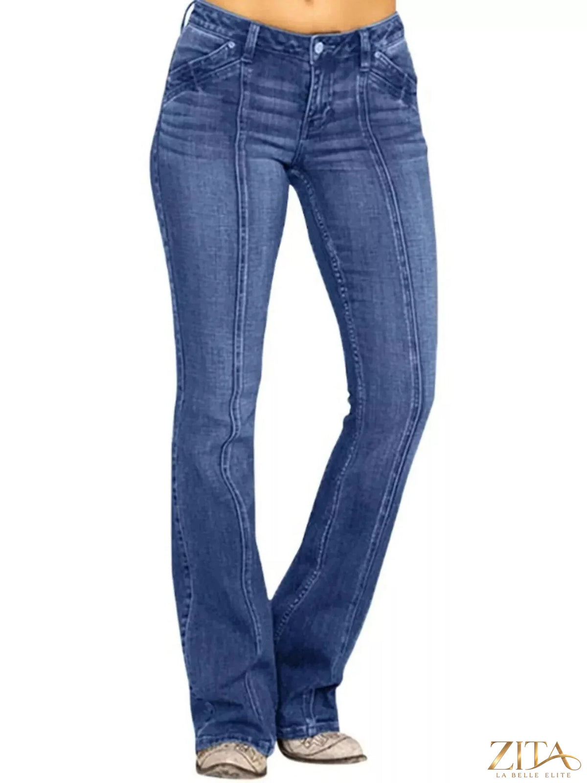 Zita La Belle Elite mid-rise bootcut jeans with classic fit, denim fabric, and subtle fading on front and back.