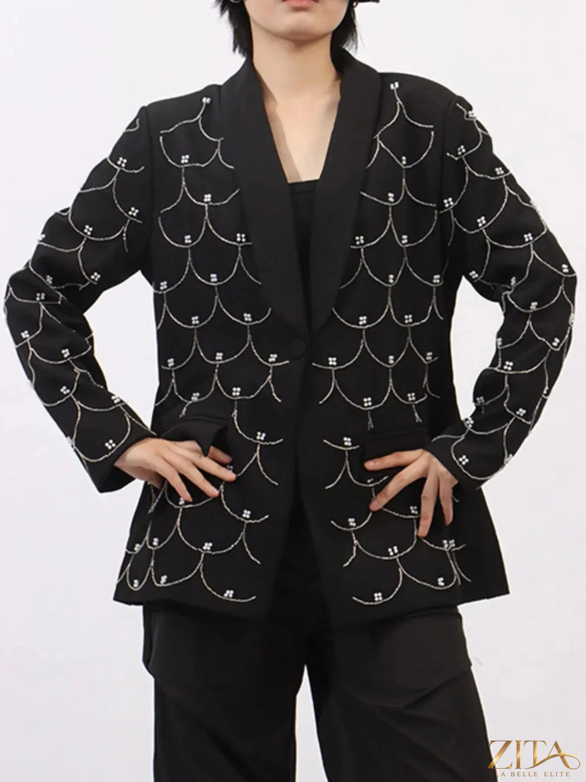 Zita La Belle Elite Pearl Detail Long Sleeve Blazer featuring elegant pearl accents and tailored fit in a sleek design