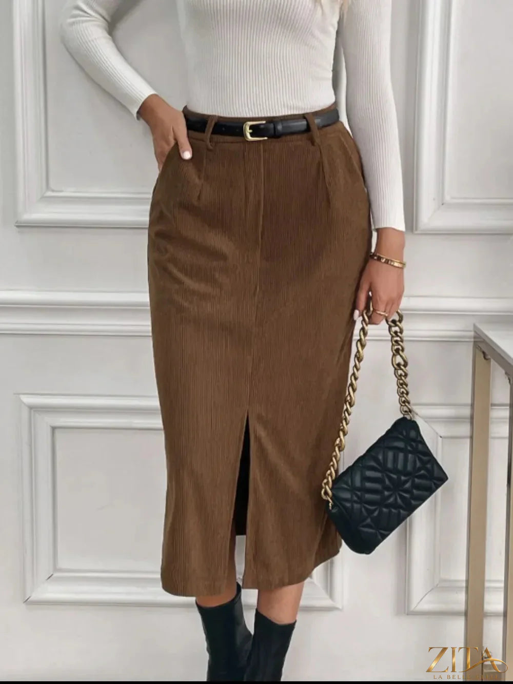 Zita La Belle Elite Perfee slit midi skirt with pockets, black fabric, high waist, and side slit detail.