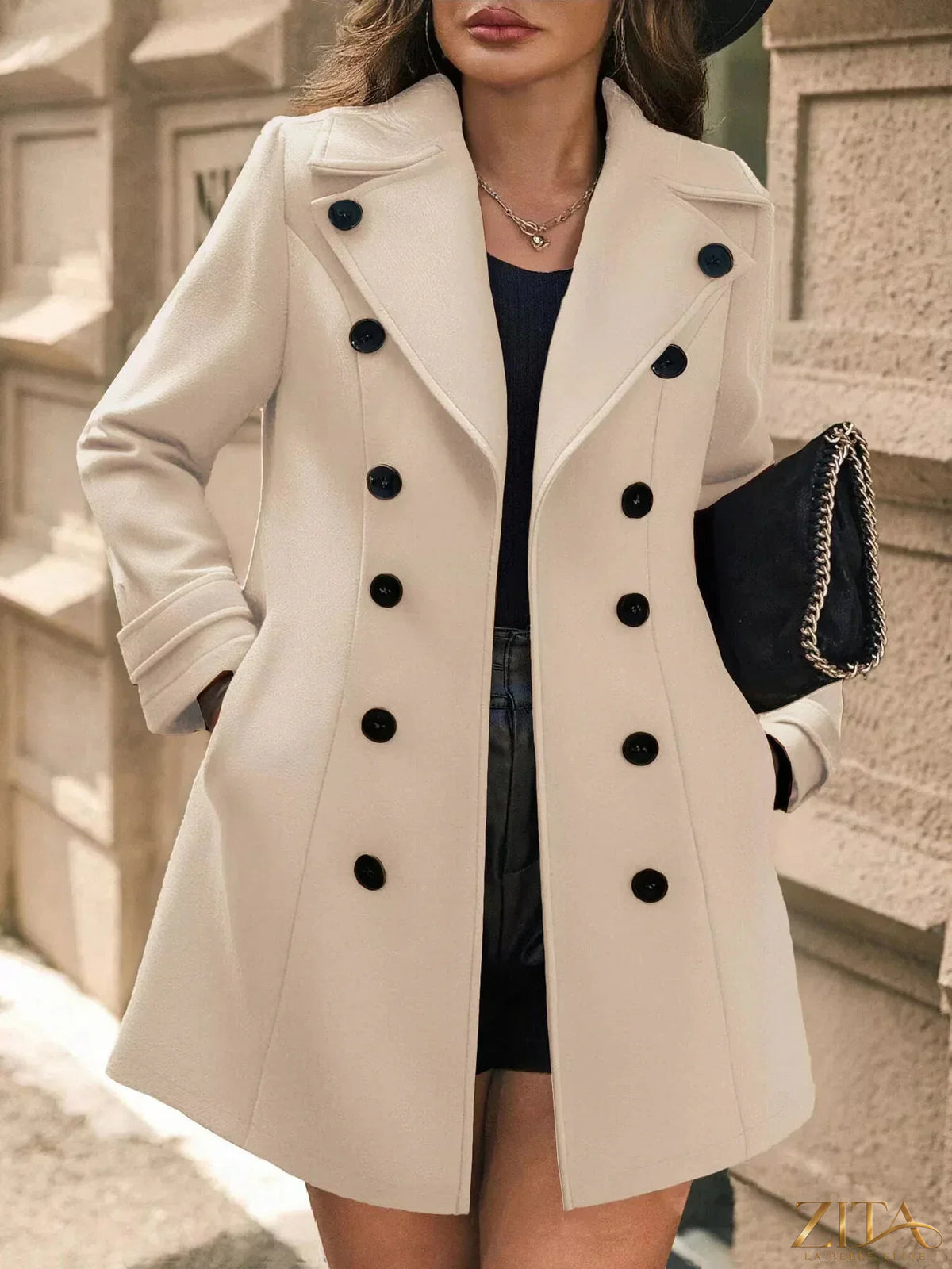 Zita La Belle Elite double-breasted wool blend overcoat with classic lapels and tailored fit, displayed on a mannequin.