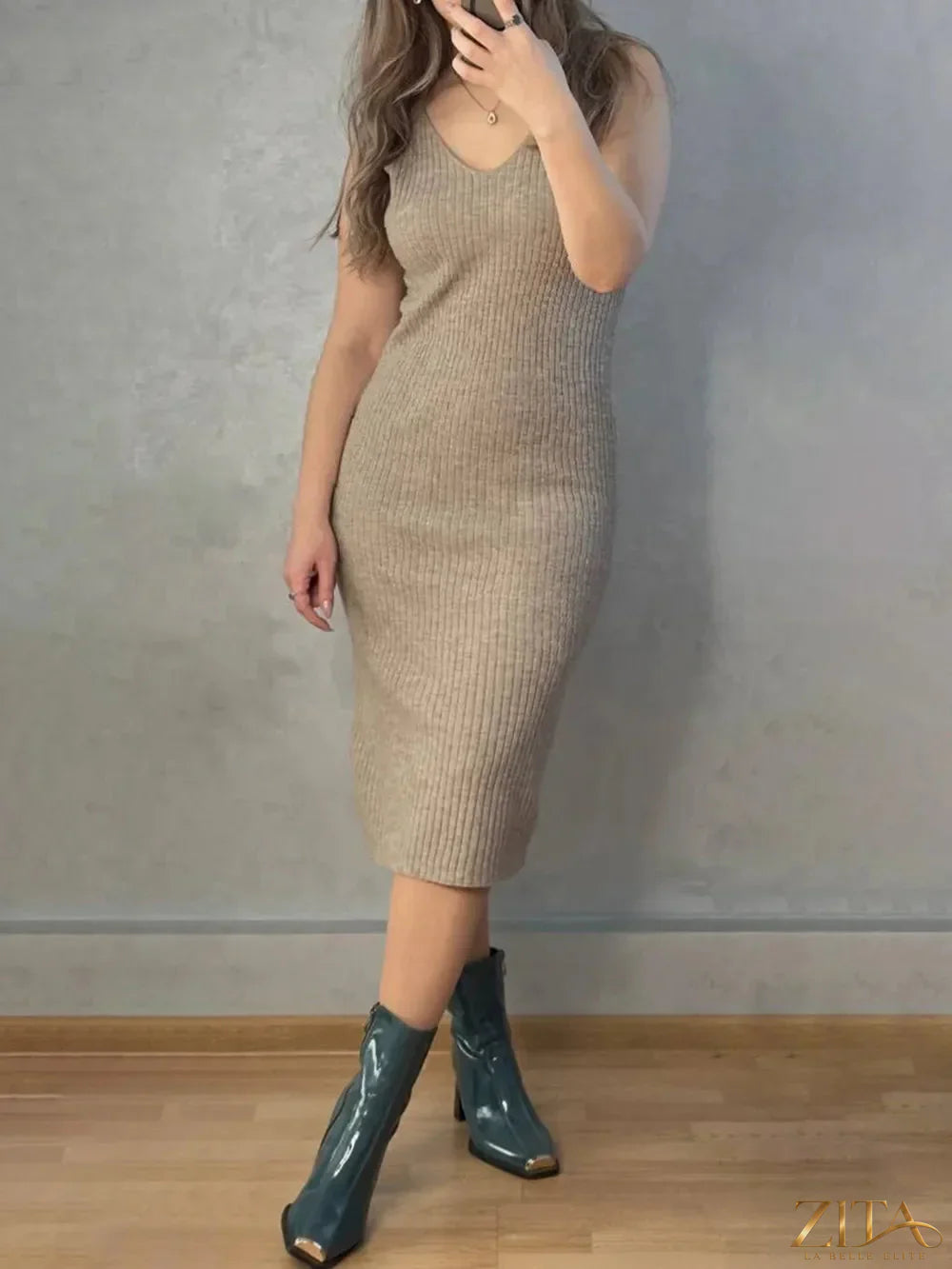 Zita La Belle Elite V-neck cami dress with open front cardigan sweater set, featuring a stylish, coordinated outfit for casual wear.