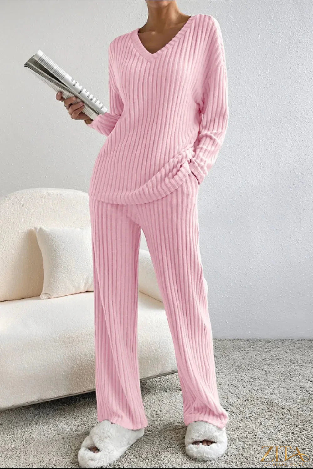 Zita La Belle Elite ribbed V-neck top and matching pants lounge set in soft fabric, displayed on a neutral background.