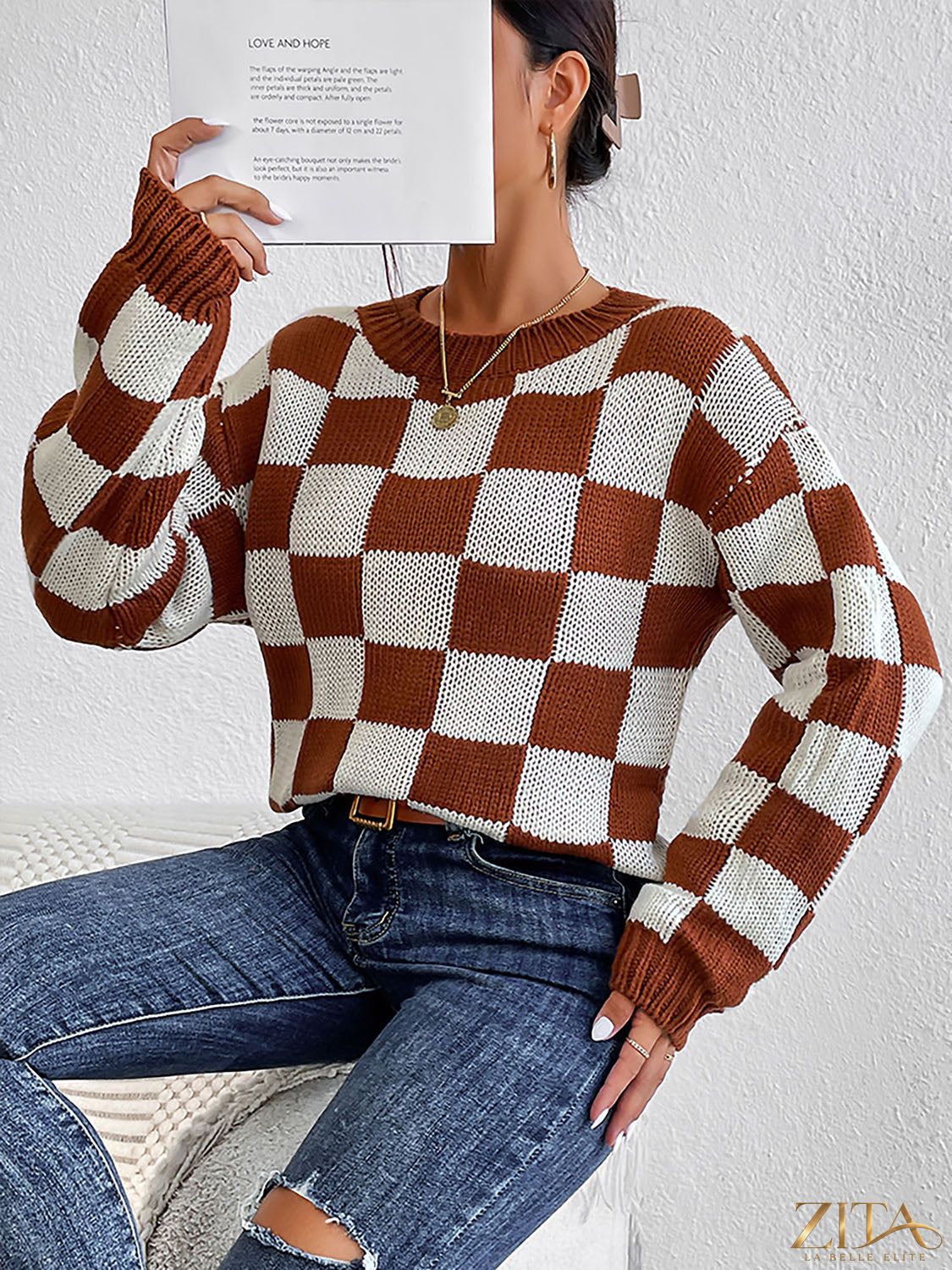 Checkered round neck sweater by Trendsi featuring a classic pattern and cozy knit fabric, displayed on a neutral background.