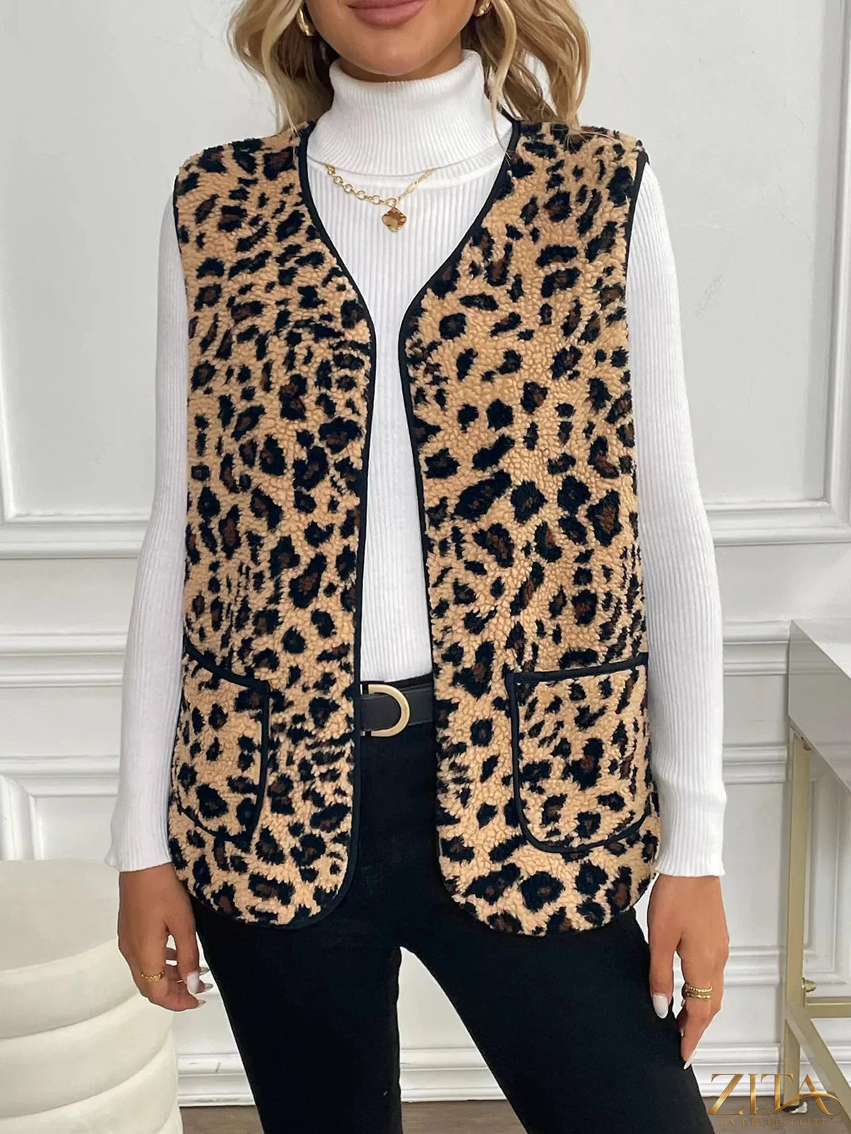 Zita La Belle Elite leopard fleece vest coat with front pockets, cozy and stylish outerwear for cold weather.