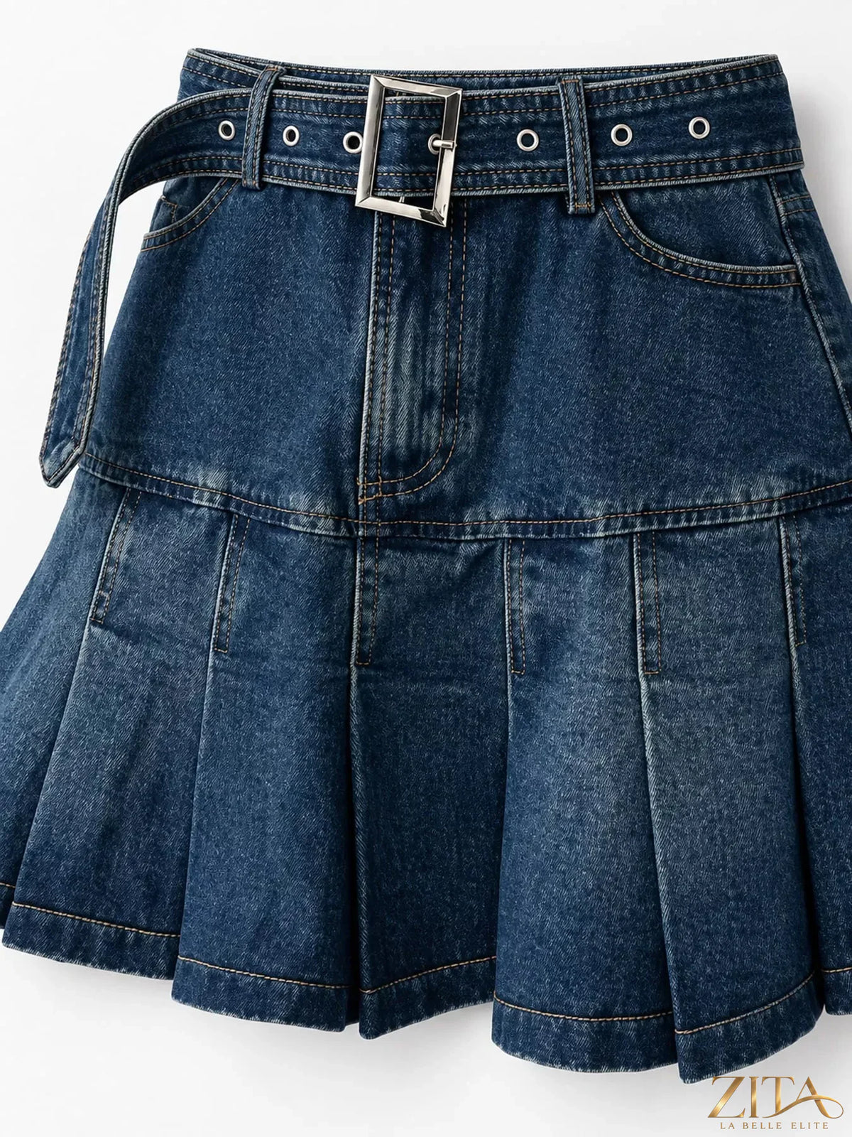 High-waisted pleated denim skirt by Trendsi, showing detail of the light blue fabric with pleats and a button waistband.