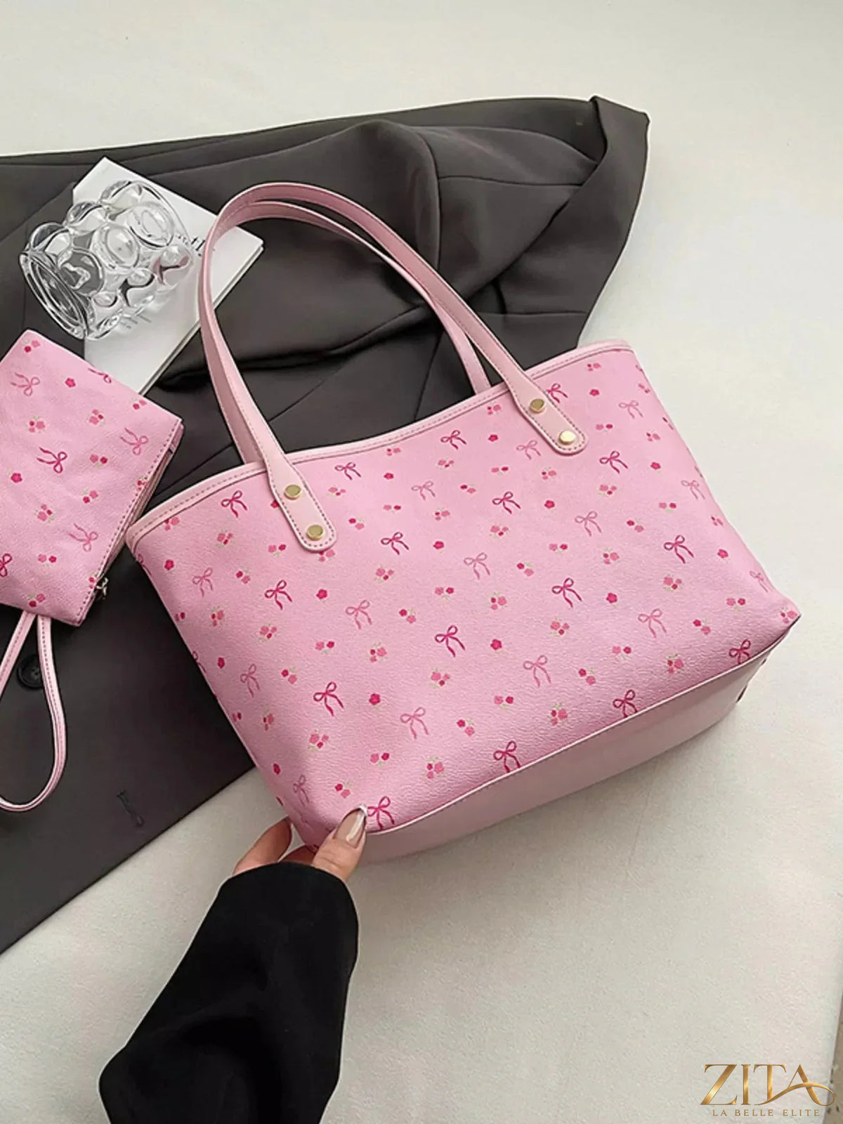 Zita La Belle Elite printed tote shoulder bag with matching pouch, featuring colorful floral design and sturdy fabric handles.