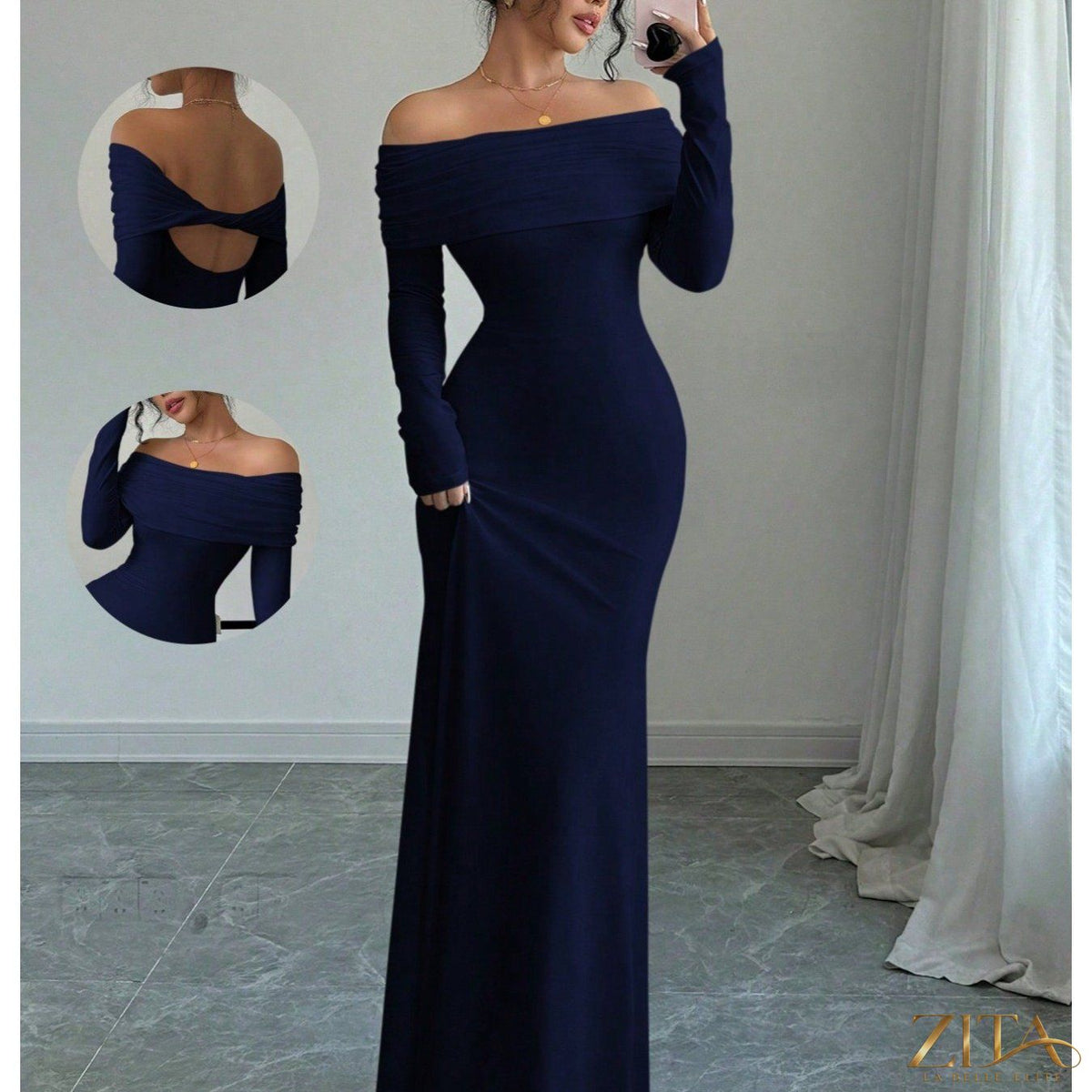 Elegant off-shoulder midi evening gown by Zita La Belle Elite, featuring a flowing design and sophisticated style for women.